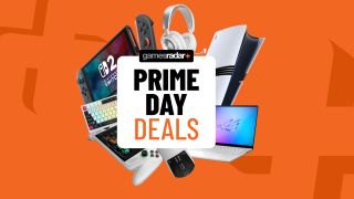 PS5, Nintendo Switch, Xbox, and PC gaming gadgets on an orange background with Prime Day deals badge in the middle