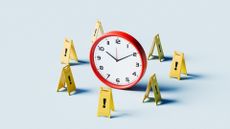 A CGI render showing a red clock surrounded by hazard floor signs, on a pale blue background.