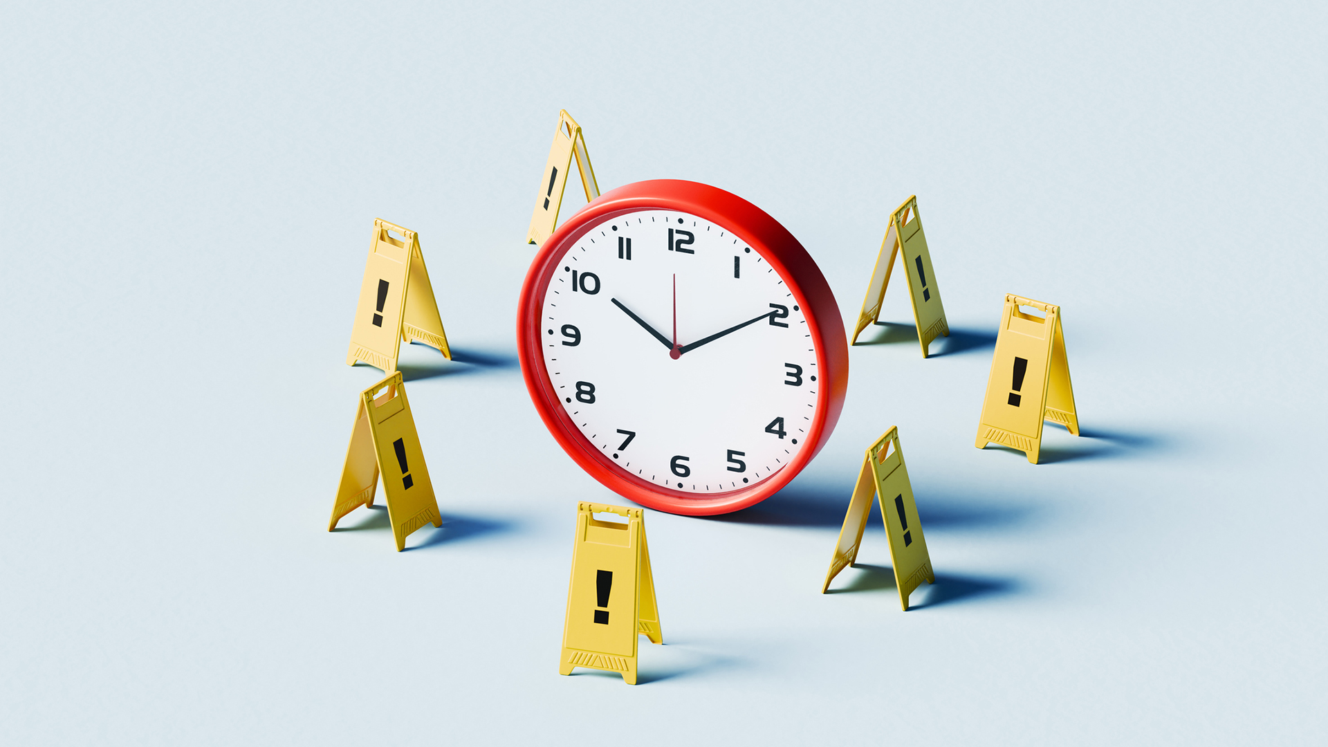 A CGI render showing a red clock surrounded by hazard floor signs, on a pale blue background.
