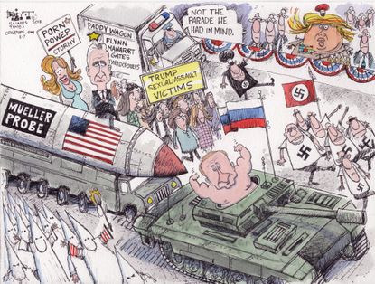 Political cartoon U.S. Trump military parade assault allegations Russia Nazis alt-right