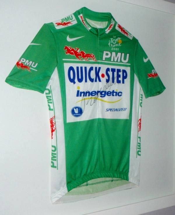 Tom Boonen's green jersey hangs proudly outside Patrick Lefevere's office