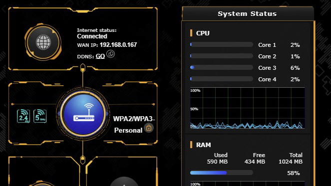 A screenshot of the Asus TUF Gaming BE6500 router web interface.