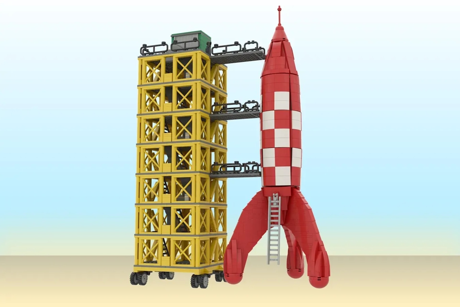 The Tintin LEGO rocket set from multiple angles with the tower