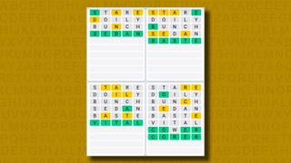 Quordle Daily Sequence answers for game 971 on a yellow background