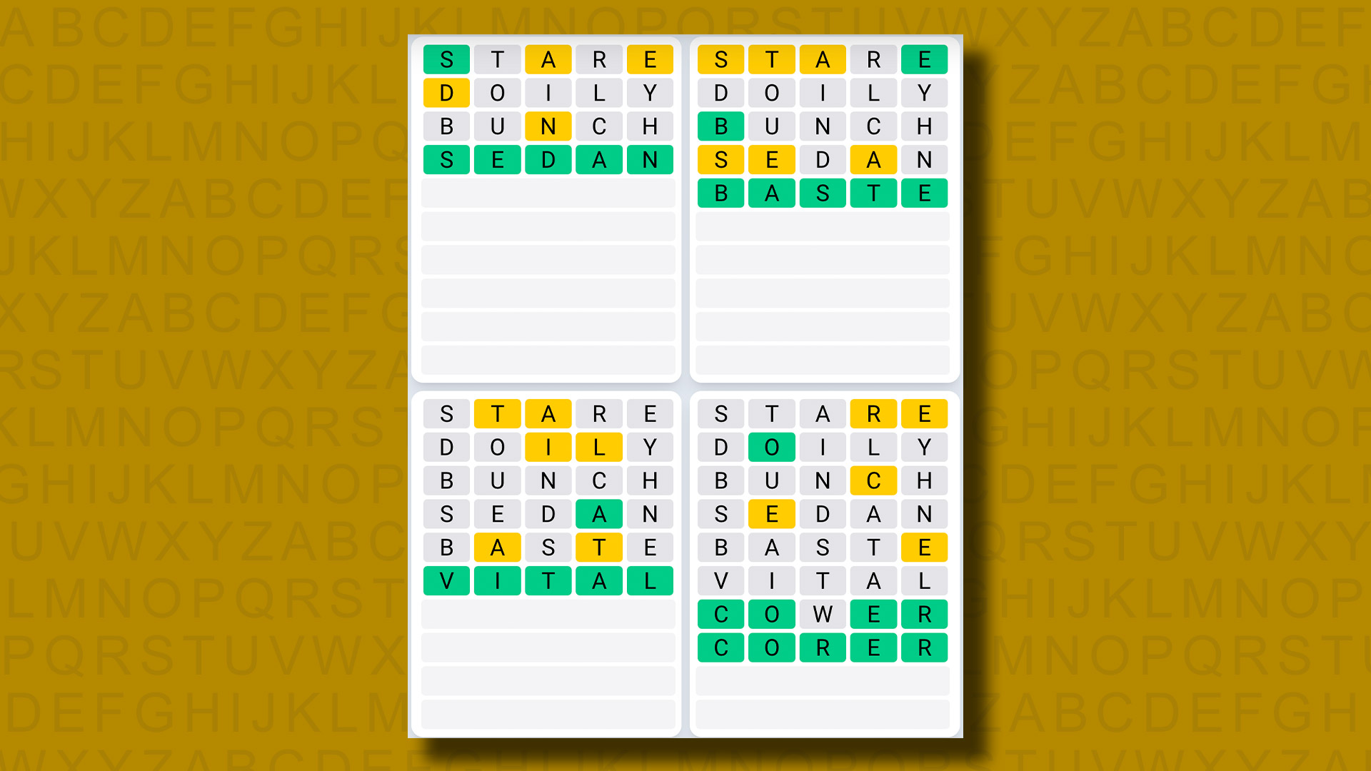 Quordle Daily Sequence Answers for Game 971 on a Yellow Background