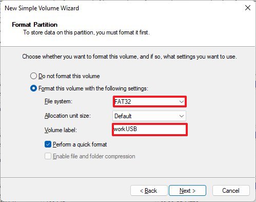 Format partition settings from Disk Management