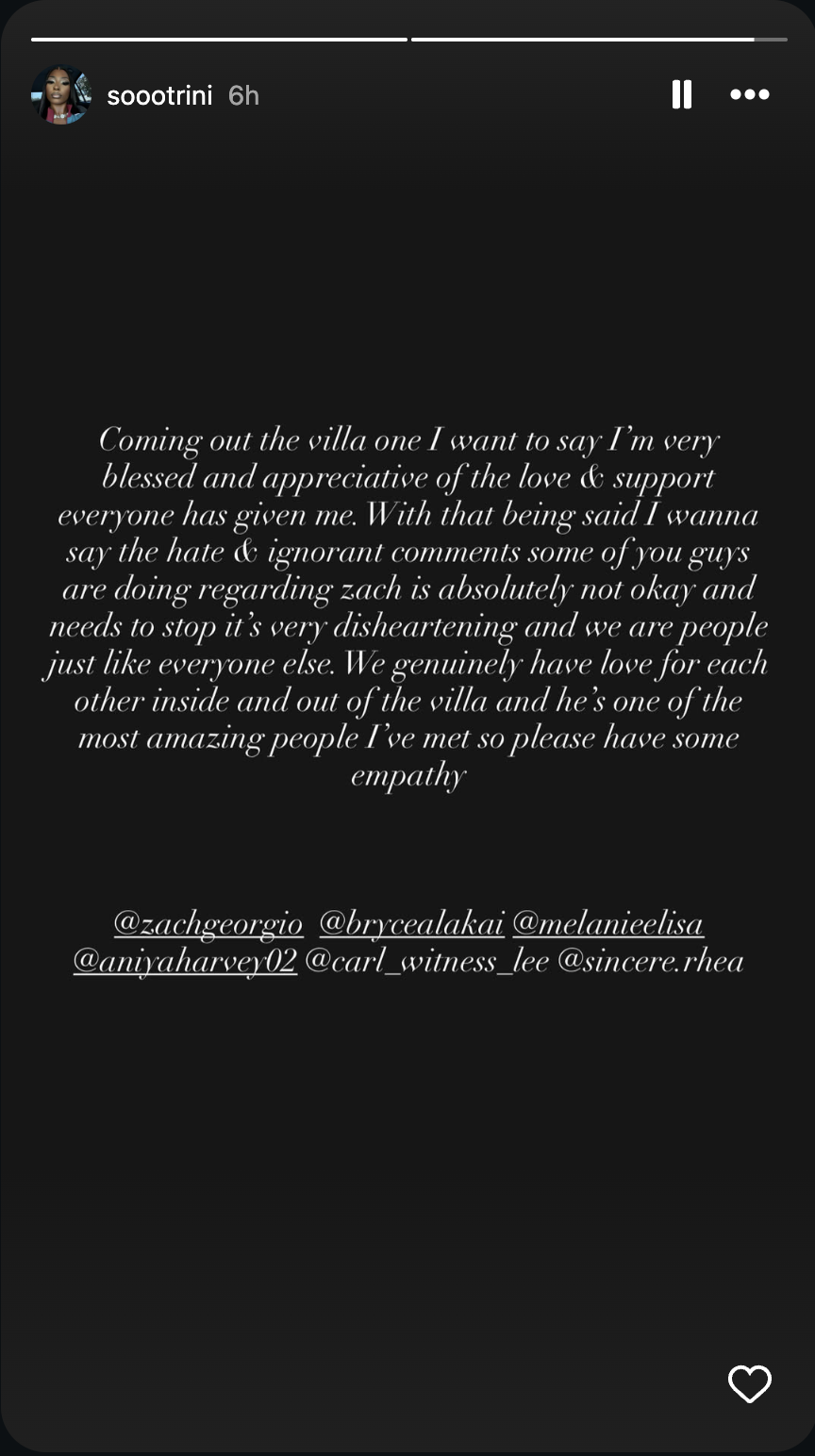 a screen shot of Trinity Tatum's Instagram story calling out the negative fan reactions to Zach