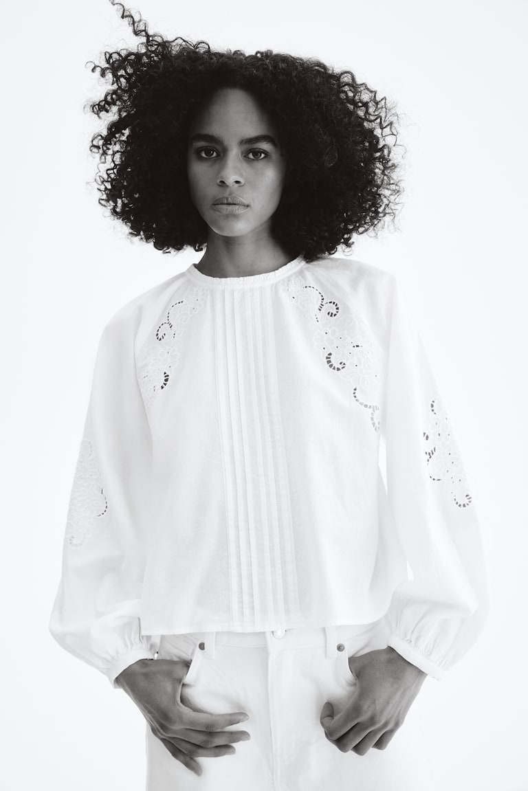 Linen-Blend Broderie Anglaise Blouse