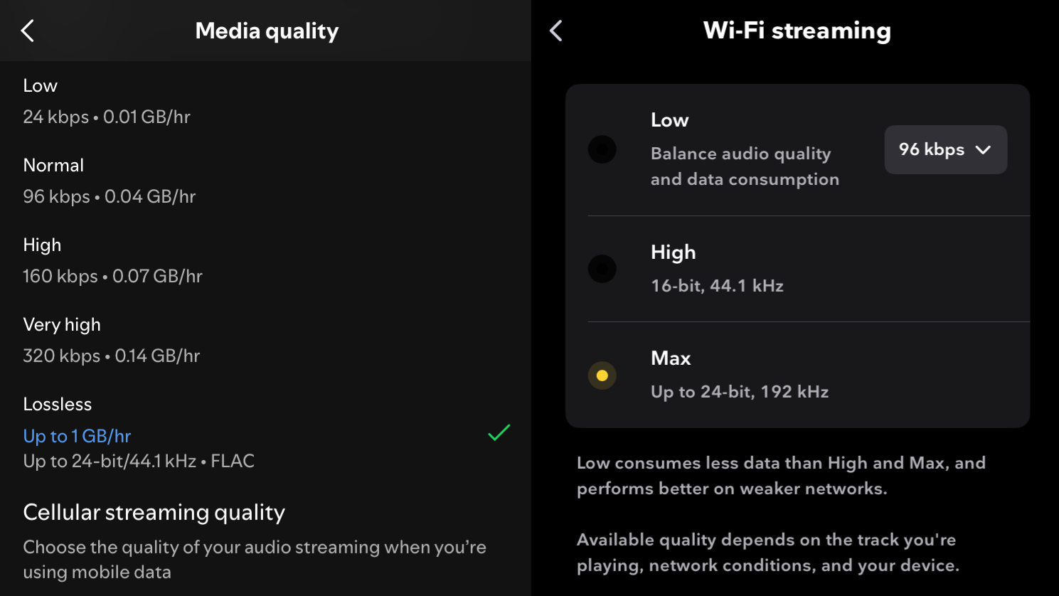 Side by side of audio resolution between Spotify Lossless and Tidal