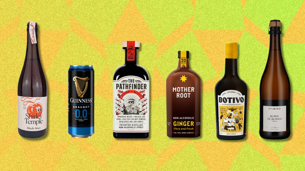 an image of six of the featured bottles against a yellow patterned background