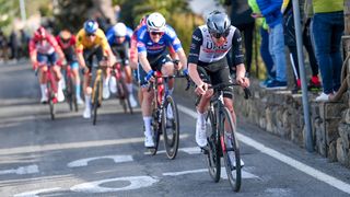 One of the top favourites for the 2024 Milan-San Remo, Tadej Pogačar, leads the way up the Poggio at the 2023 edition of the Monument