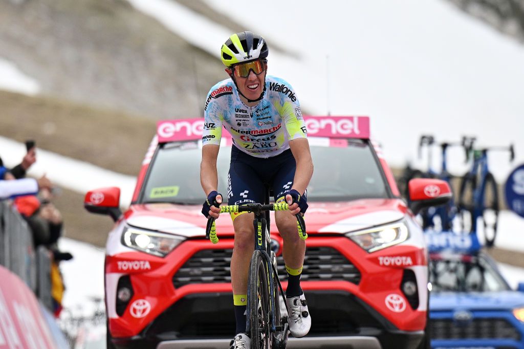 GRAN SASSO DITALIA CAMPO IMPERATORE ITALY MAY 12 Simone Petilli of Italy and Team Intermarch Circus Wanty crosses the finish line on second place during the 106th Giro dItalia 2023 Stage 7 a 218km stage from Capua to Gran Sasso dItalia Campo Imperatore 2123m UCIWT on May 12 2023 in Gran Sasso dItalia Campo Imperatore Italy Photo by Stuart FranklinGetty Images