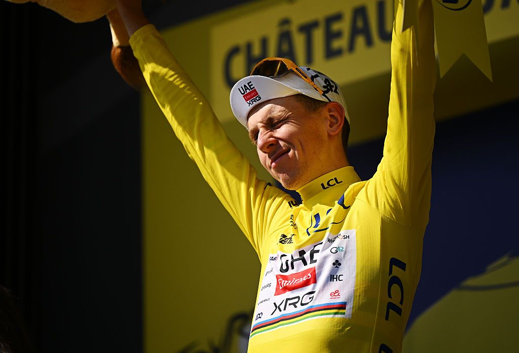 CHATEAUROUX, FRANCE - JULY 13: Tadej Pogacar of Slovenia and UAE Team Emirates - XRG - Yellow leader jersey winner during the 112th Tour de France 2025, Stage 9 a 174.1km stage from Chinon to Chateauroux ) / #UCIWT / on July 13, 2025 in Chateauroux, France.