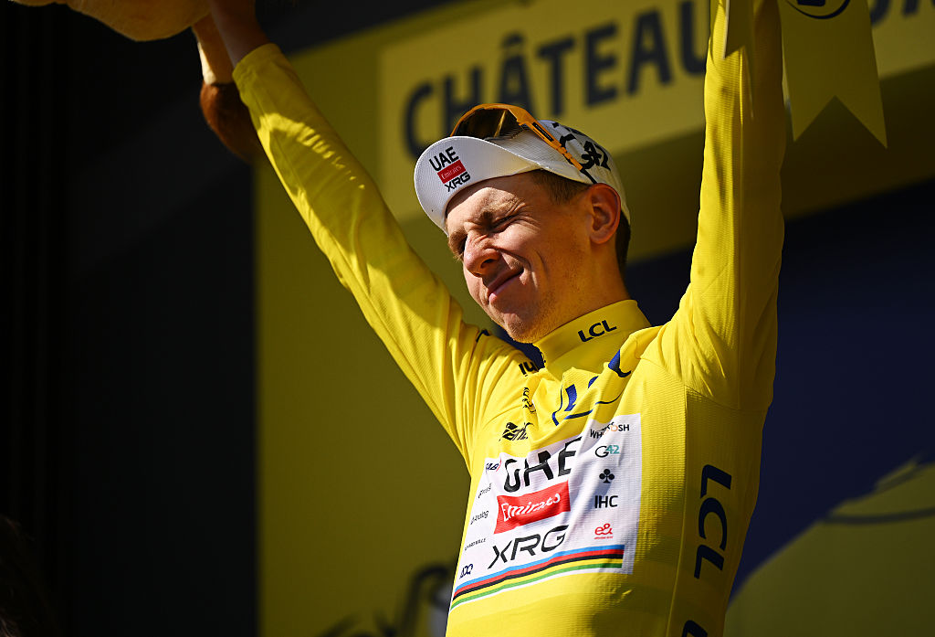 CHATEAUROUX, FRANCE - JULY 13: Tadej Pogacar of Slovenia and UAE Team Emirates - XRG - Yellow leader jersey winner during the 112th Tour de France 2025, Stage 9 a 174.1km stage from Chinon to Chateauroux ) / #UCIWT / on July 13, 2025 in Chateauroux, France.