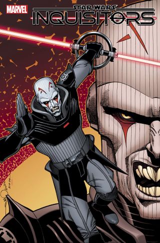 Cover image for "Star Wars: Inquisitors #1," showing a bald, white-faced humanoid alien holding a red lightsaber