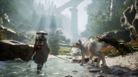 Screenshot from Beast of Reincarnation, showing a sword-wielding warrior walk through a river with a huge white dog by her side.