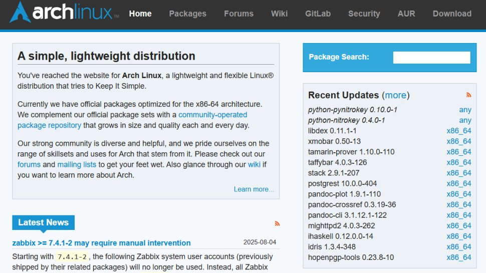 Website screenshot of Arch Linux (August, 2025)