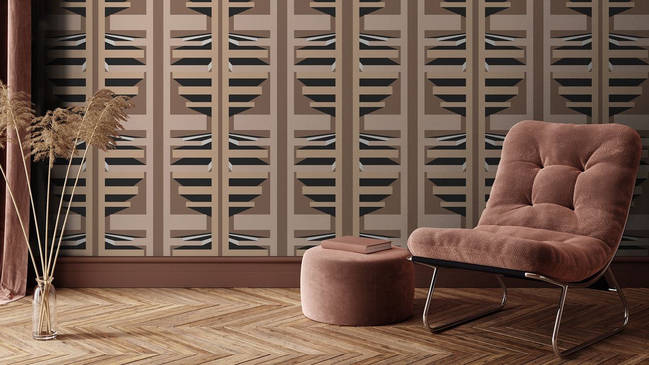 Retro geometric hallway wallpaper idea by Feathr with blush pink seat and footstool