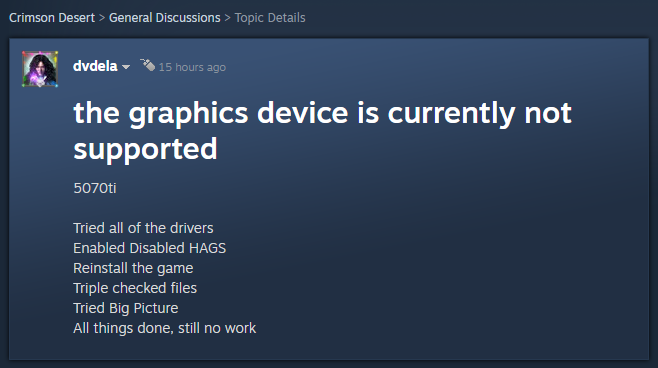 A screenshot of the Steam discussions page for Crimson Desert, showing a user with a GeForce RTX card getting the same error as Arc users.