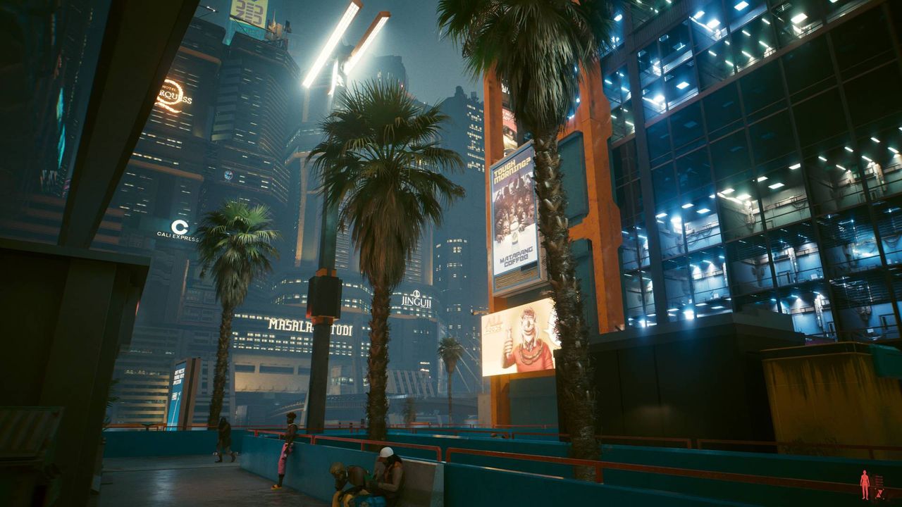 Cyberpunk 2077 running on RTX 5080 with city and palm trees in view with DLSS 4 switched off