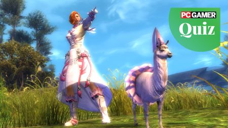 Guild Wars 2 player character dressed in a white frilly robe standing beside her llama companion wearing a hate