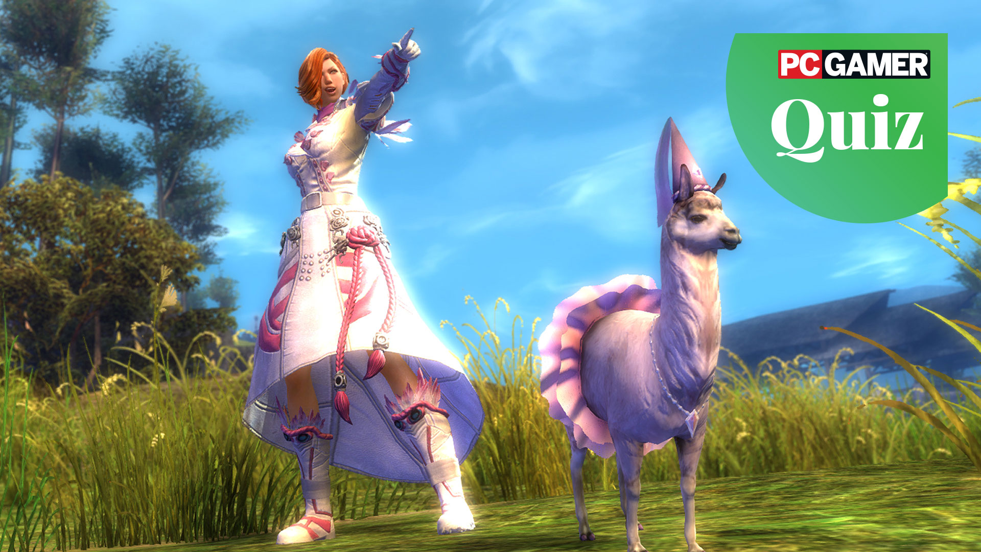 Guild Wars 2 player character dressed in a white frilly robe standing beside her llama companion wearing a hate