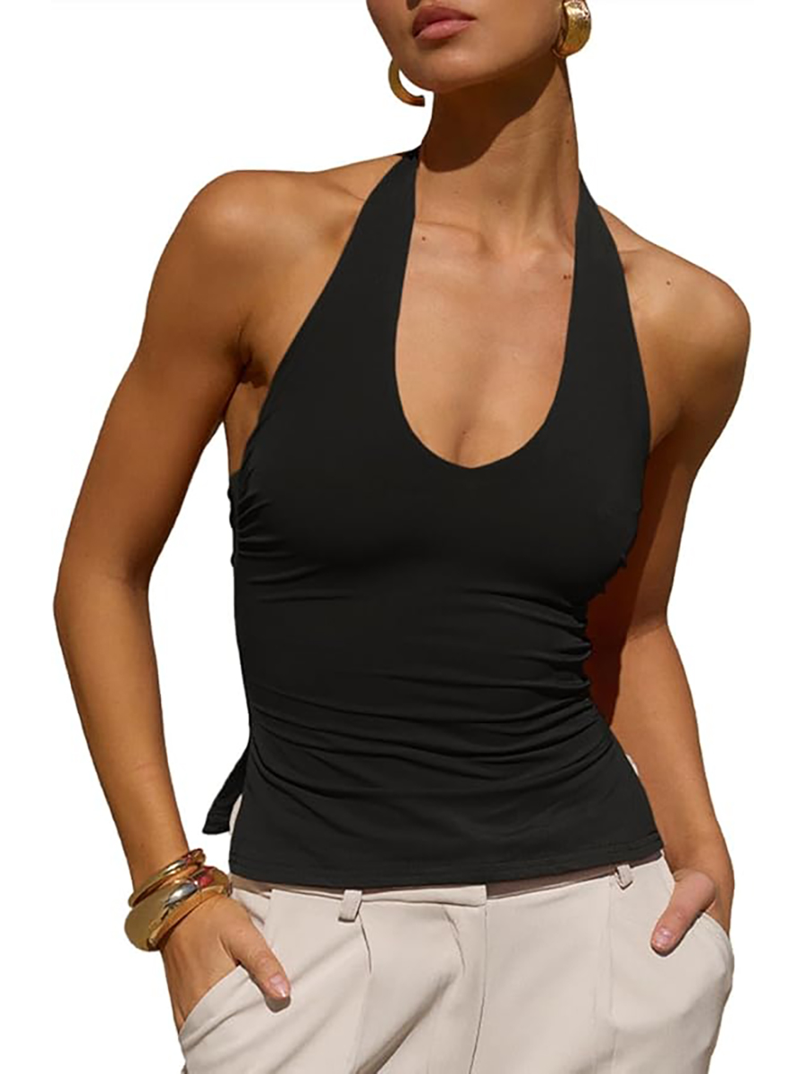 Tankaneo, Tankaneo Womens Sexy Scoop Neck Halter Tops Backless Ruched Knit Tank Tops Summer Sleeveless Fitted Going Out Shirts Black