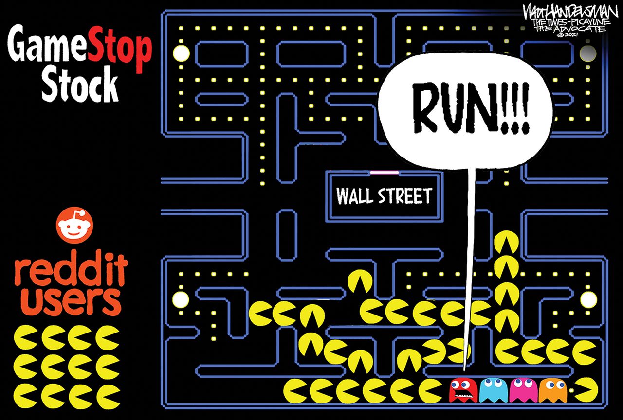 Editorial Cartoon U.S. gamestop reddit wall street pac man