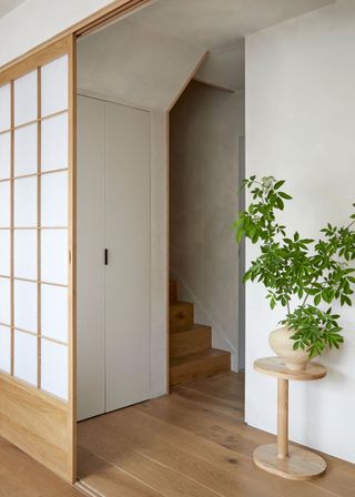 A wooden sheet door leading to a staircase