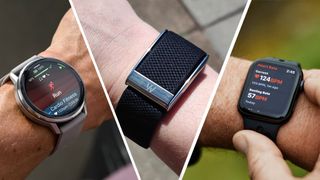 A Garmin watch, a Whoop band and an Apple Watch side by side.