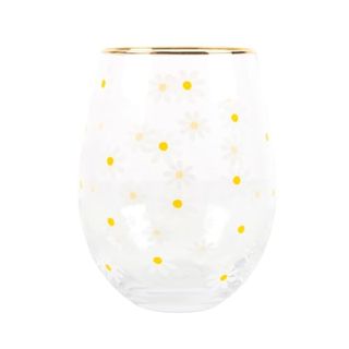 Something Different Wholesale Charming Daisy Stemless Wine Glass With Gold-Tone Rim - All Over Springtime Design - Cheerful and Elegant Glassware for a Touch of Floral Delight