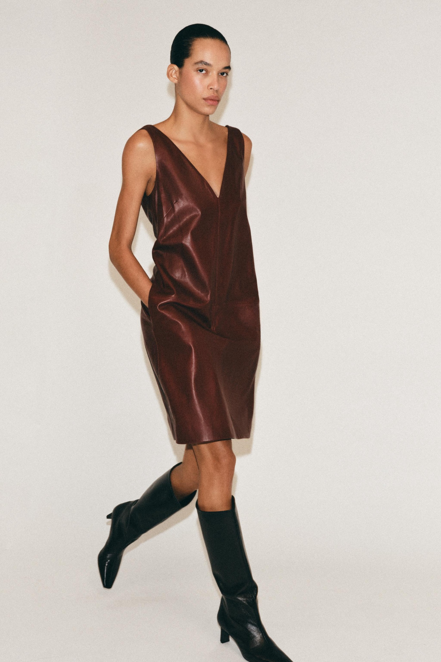 100% Leather Midi Dress Zw Collection - Burgundy - Xs