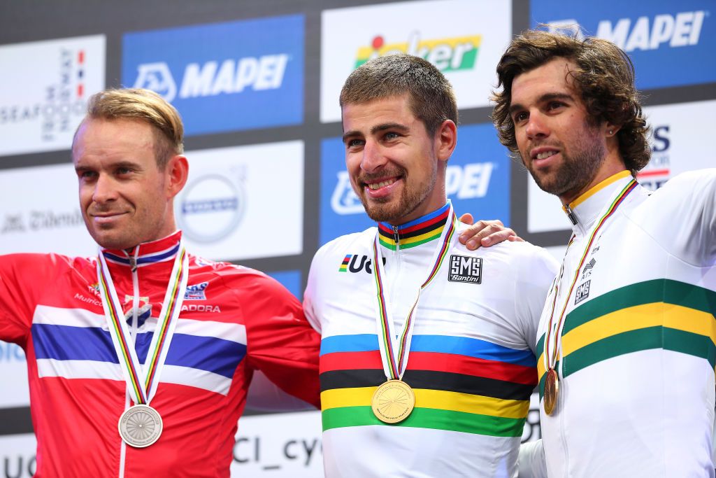 Cycling: 90th Road World Championships 2017 / Men Elite Road Race
Podium / Alexander KRISTOFF (NOR) Silver Medal / Peter SAGAN (SVK) Gold Medal / Michael MATTHEWS (AUS) Bronze Medal / Celebration /
Bergen - Bergen (276,5km) / RR / Bergen / RWC / &Acirc;&copy; Tim De Waele