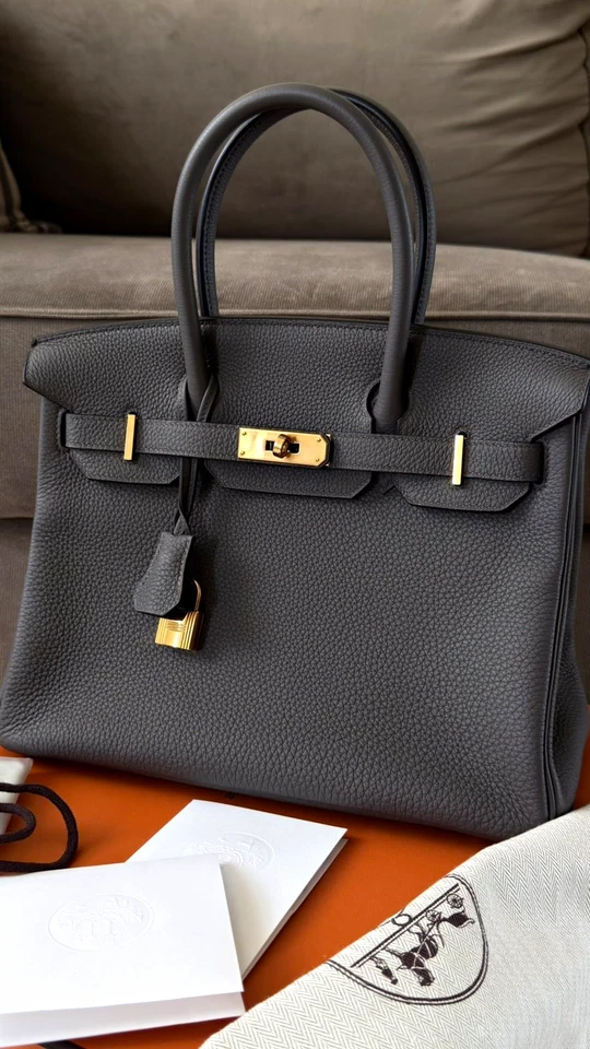Herm&egrave;s, Birkin 30 Togo Leather Gris Etain Rose Hardware Padlock