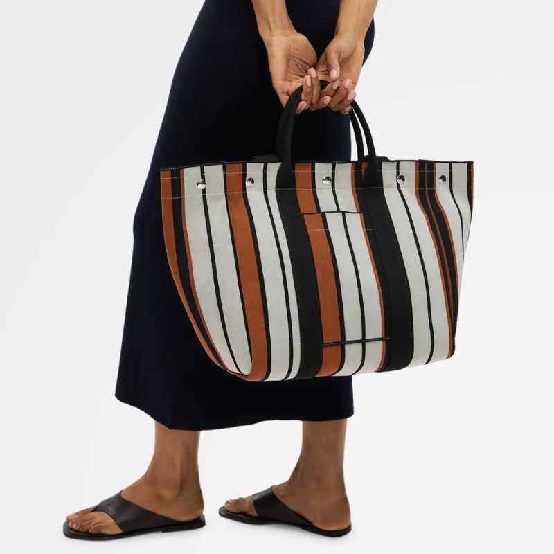 Radley Hadleigh Place striped tote bag, carried by model 