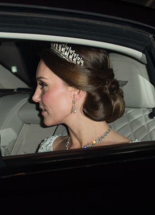 Catherine, Duchess of Cambridge arrives at a Diplomatic Reception at Buckingham Palace on December 5, 2017 in London, England