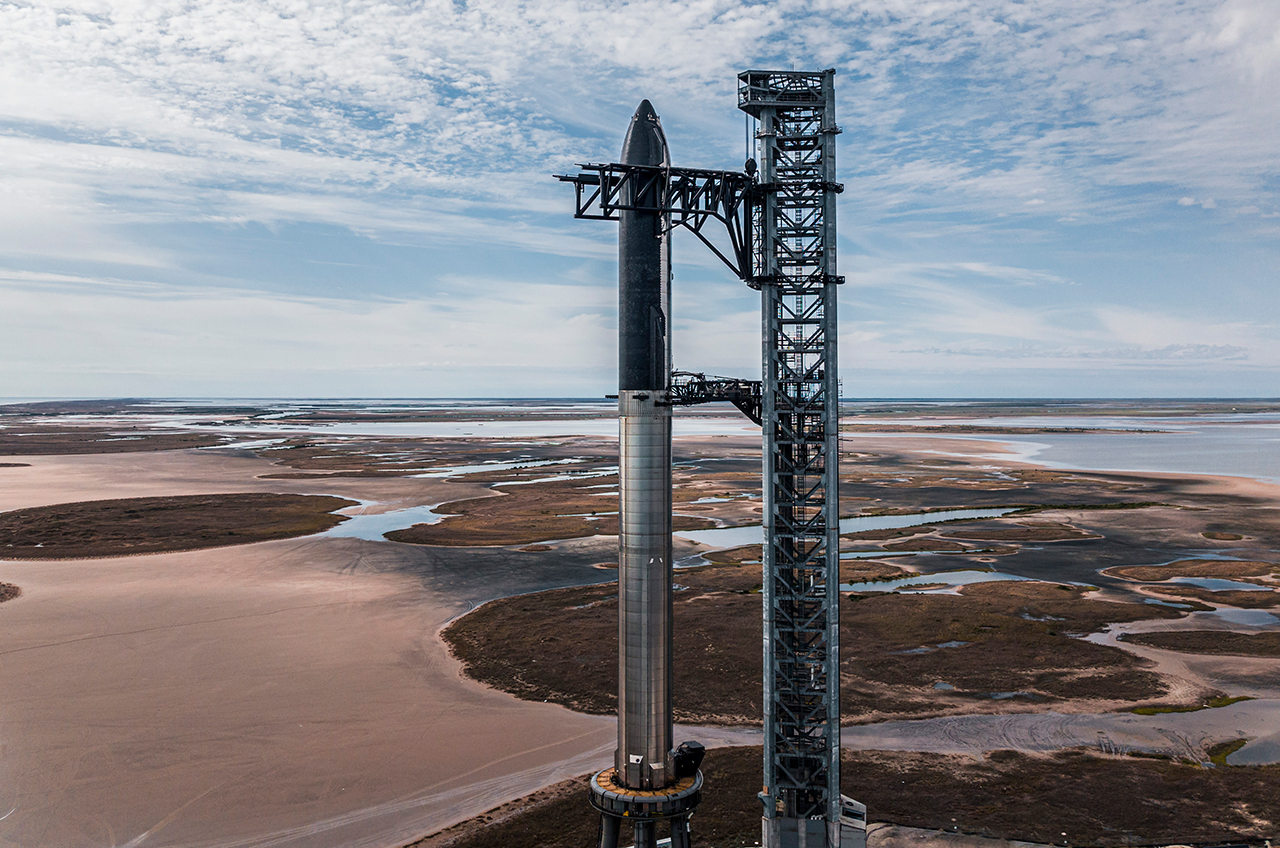 Starship and Super Booster on the test stand at SpaceX's Starbase facility in Boca Chica, Texas.