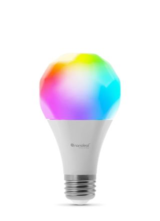Nanoleaf Essentials A19 Light Bulb on a white background illuminated with multiple colors.