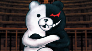 Monokuma, a half white, half black bear folds his arms over with a menacing grin.