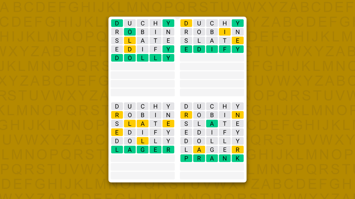 Quordle answers for game 1642 on a yellow background