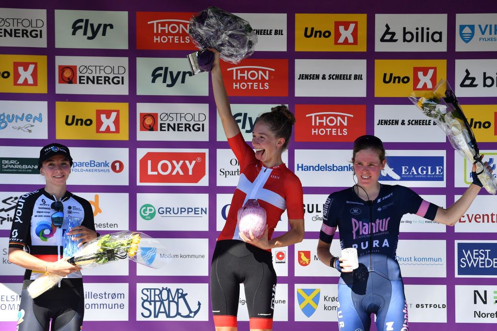 NOREFJELL NORWAY AUGUST 13 LR Liane Lippert of Germany and Team DSM on second place stage winner Cecilie Uttrup Ludwig of Denmark and Team FDJ Nouvelle Aquitaine Futuroscope and Julie Van De Velde of Belgium and Team PlanturPura on third place pose on the podium ceremony after the 8th Tour of Scandinavia 2022 Battle Of The North Stage 5 a 1274km stage from Vikersund to Norefjell 791m UCIWWT tourofscandinavia TOSC22 on August 13 2022 in Norefjell Norway Photo by Luc ClaessenGetty Images