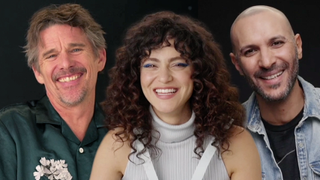 Ethan Hawke, May Calamawy and Mohamed Diab pose for 'Moon Knight' interviews