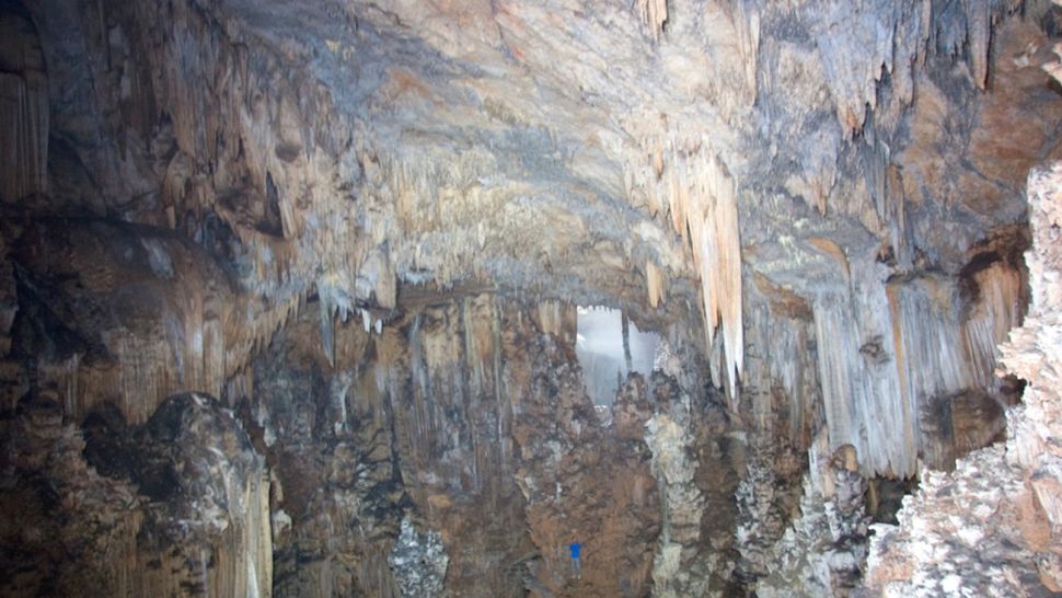 Um humano é mostrado em azul para escala dentro da Midnight Terror Cave de Belize