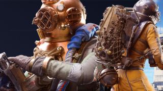 Arc Raiders: Artwork for the new Leviathan bundle showing a close-up of a player in a divers helmet reloading on the left, and a player modelling the barnacle-covered backpack on the right.