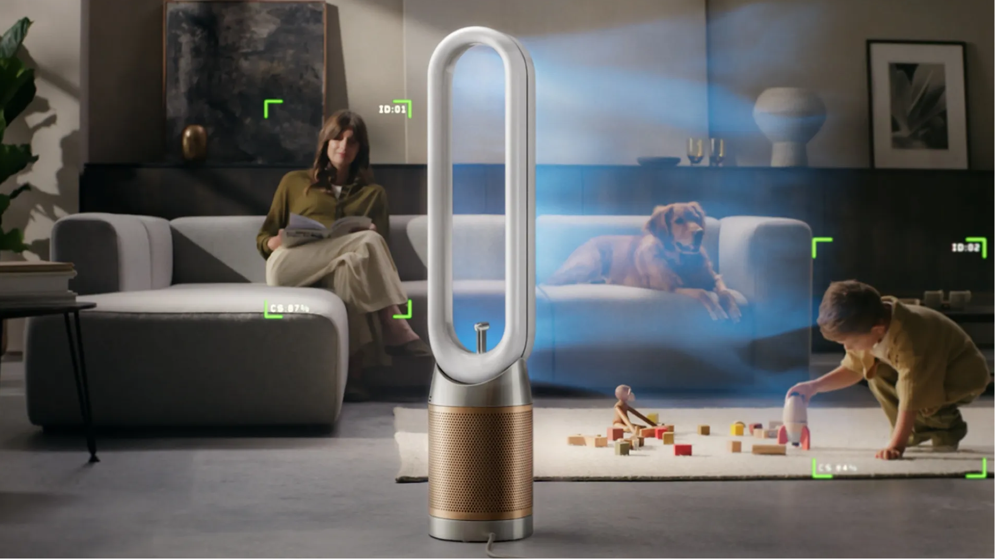 Dyson Find+Follow Purifier Cool promotional image showing a woman, a child and a dog in a room with the dyson cooler