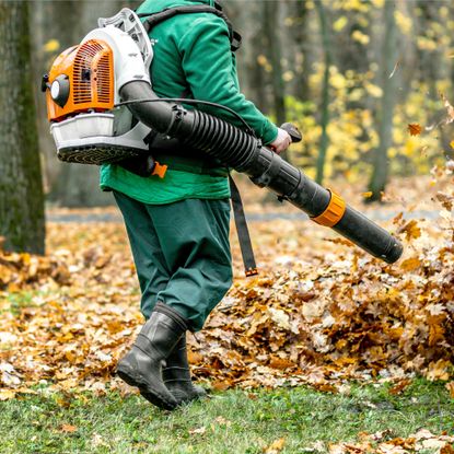 person blowing leaves with backpack blower