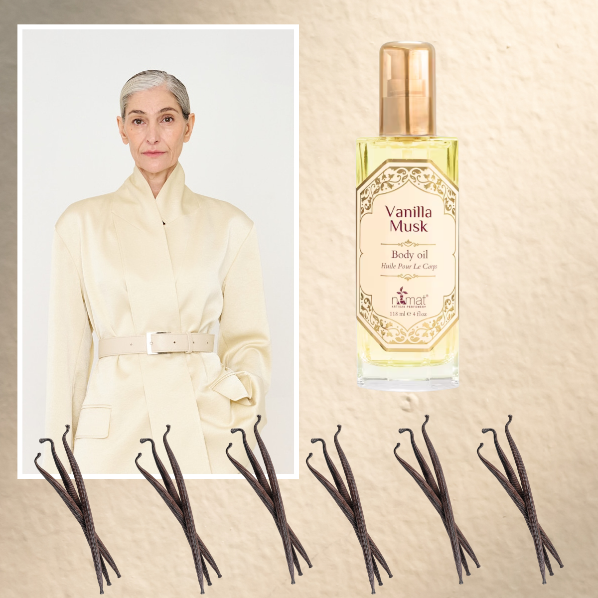 A woman wearing a cream blazer next to a vanilla scented body oil. There are also 6 bunches of vanilla bean pods on the bottom edge of the woman's picture. 