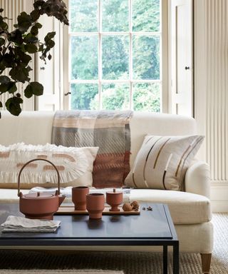 A white sofa with wooden legs in a white room, with sisal carpet, dark grey coffee table, cushions and blankets, a terracotta tea set on a wooden tray, and a dark green leafy plant