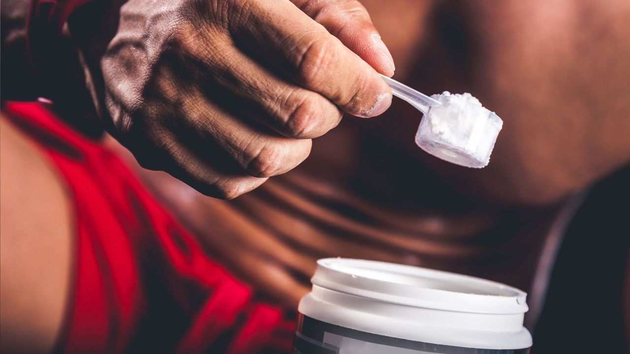 Creatine scoop being taken out of a tub