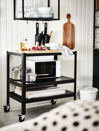 An IKEA trolley used as a kitchen side table